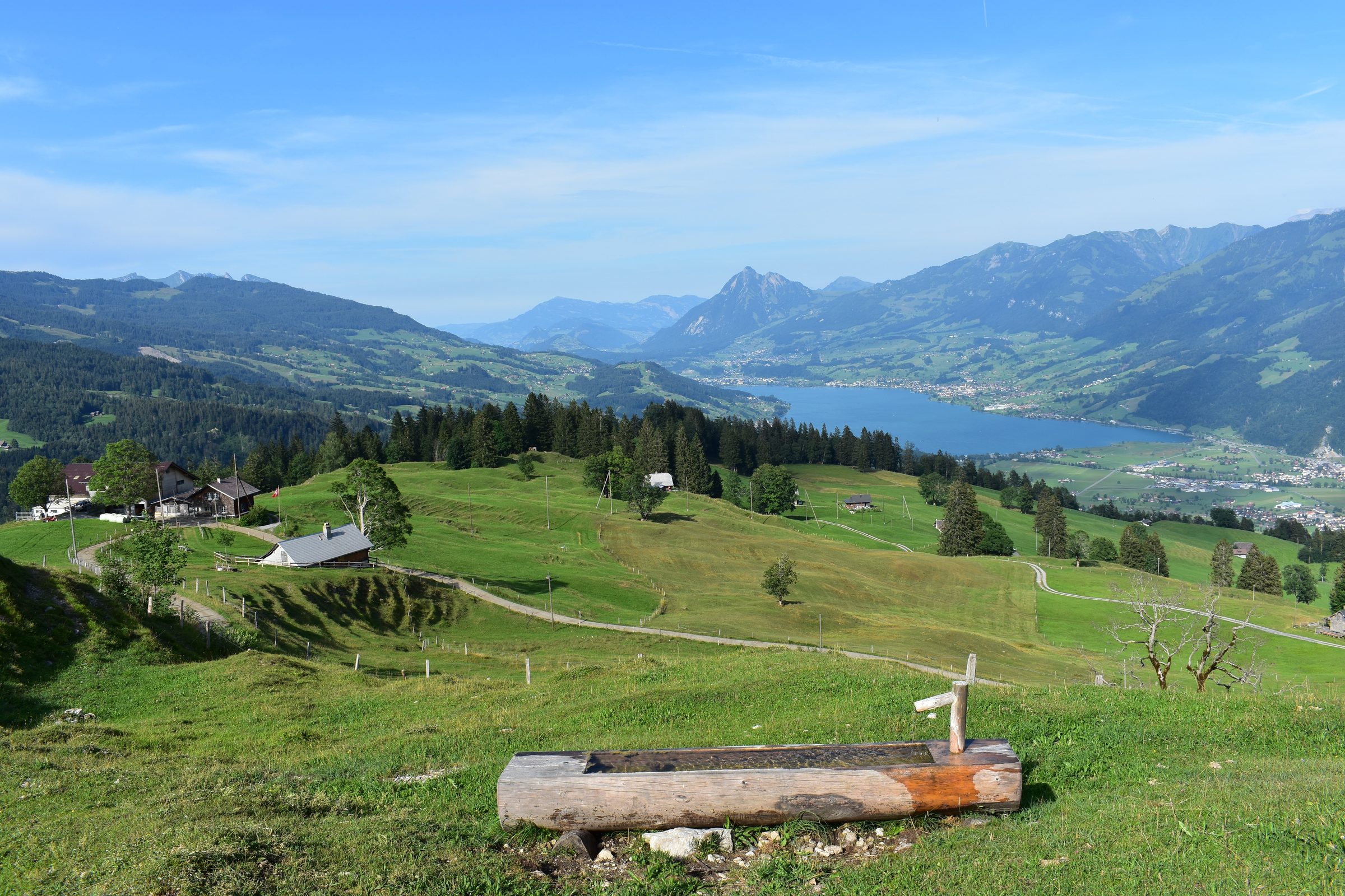 Blick über Alpweiden auf den Sarnersee, Obwalden